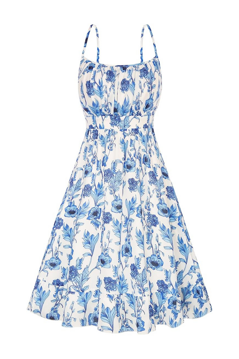 Amalfi Floral Flare Mini Dress - White/Blue