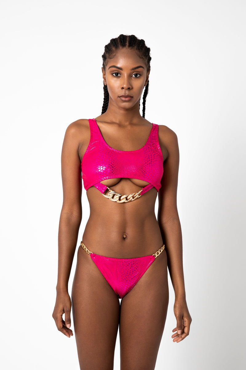 Luxe Gold Chain Two-Piece Bikini - Neon Pink - naliaswim